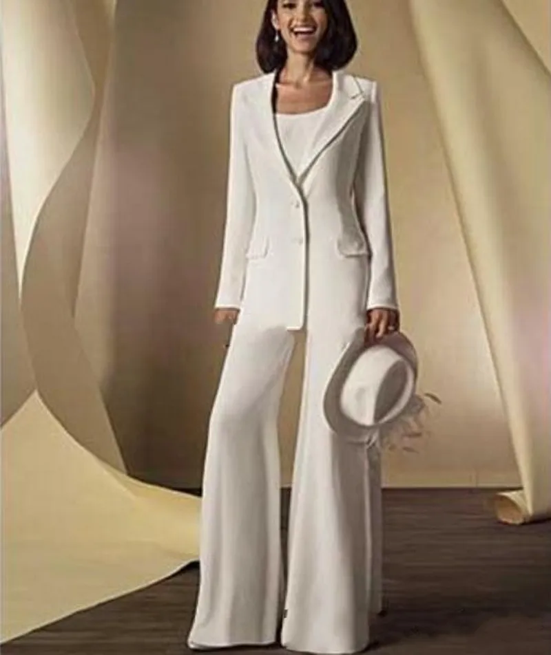 2019 Nouveau Satin Manches Longues Mère De La Mariée Pantalon Costumes avec veste Mère Robes Sur Mesure Blanc Tenues Formelles 1312684