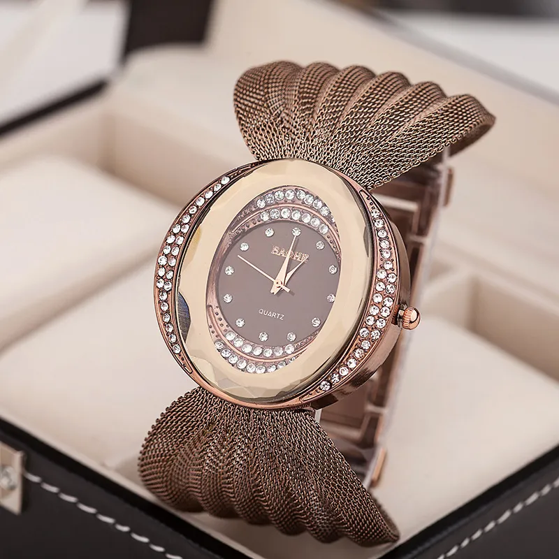 Femmes robe montres montre à quartz luxe maille montre-bracelet ovale bracelet en or alliage strass femmes montres toute dame c231O