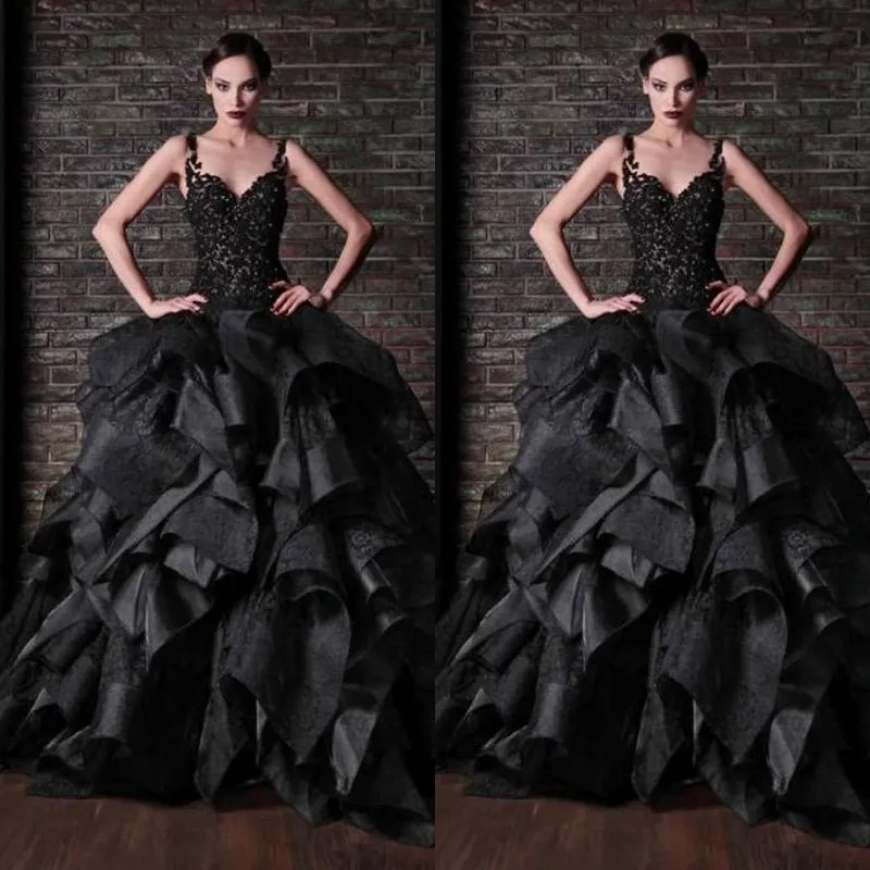 Rami Kadi Black Ball Gown Prom Dreess Tiered Ruffles Vintage Lace Spaghetti Puffy Prom Dreess Low Back Pegant Party Gowns305m