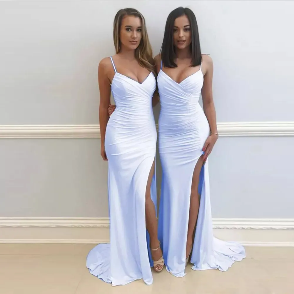 Sexy Spaghetti Strap Mermaid Bridesmaid Dresses V Neck Front High Side Slit Evening Formal Dress Sweep Train Maid Of Honor Dress