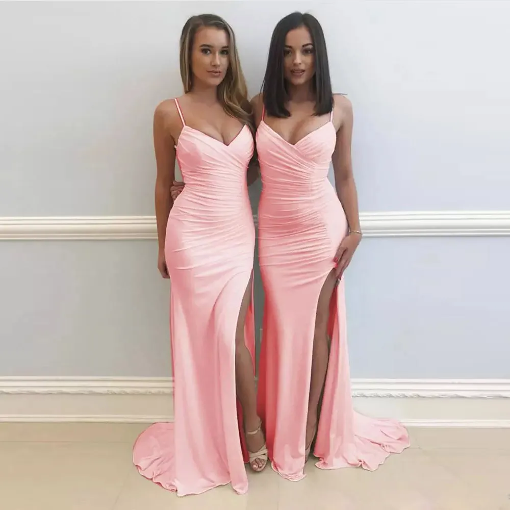 Sexy Spaghetti Strap Mermaid Bridesmaid Dresses V Neck Front High Side Slit Evening Formal Dress Sweep Train Maid Of Honor Dress