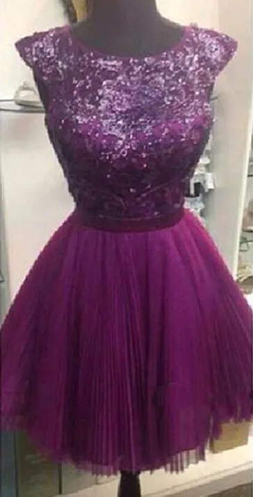 Charming Sexy A Line Short Purple Prom Dresses Sleeveless Crew Cut Out Back Sheer Bling Sequin Bridesmaid Dress Chiffon Evening Go245o