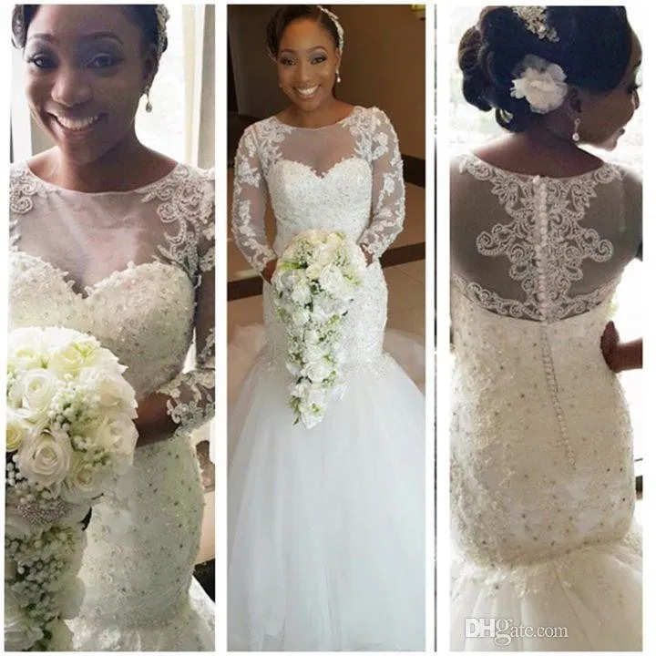  2016 African Long Sleeves Lace Mermaid Wedding Dresses with Court Train Appliques Sheer Crew Neck Plus Size Wedding Gowns Vestidos de Novia