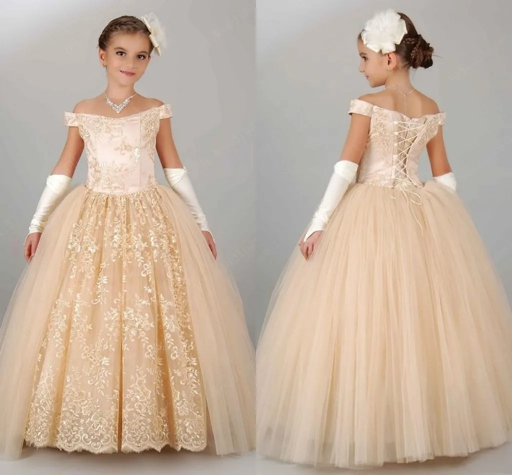 2018 Cheap Flower Girls Dresses For Weddings Off Shoulder Champagne Lace Ball Gown Birthday Dress Children Party Kids Girl Pageant Gowns