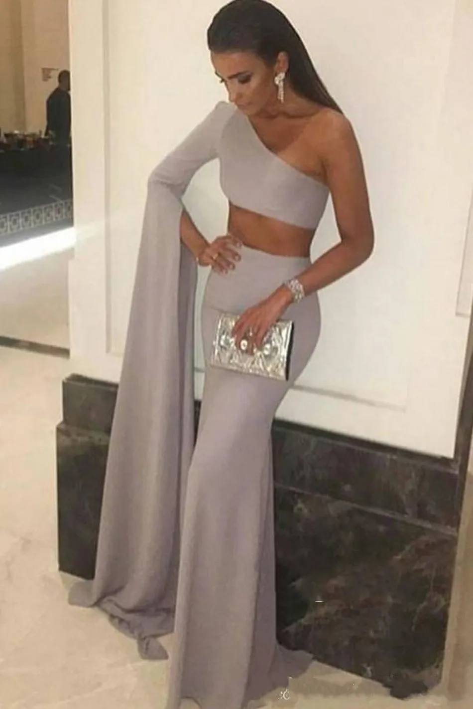 New Sexy One Shoulder Mermaid Long Evening Dresses Two Pieces Satin Zipper Back Formal Evening Gowns Prom Dress Robe De Soiree