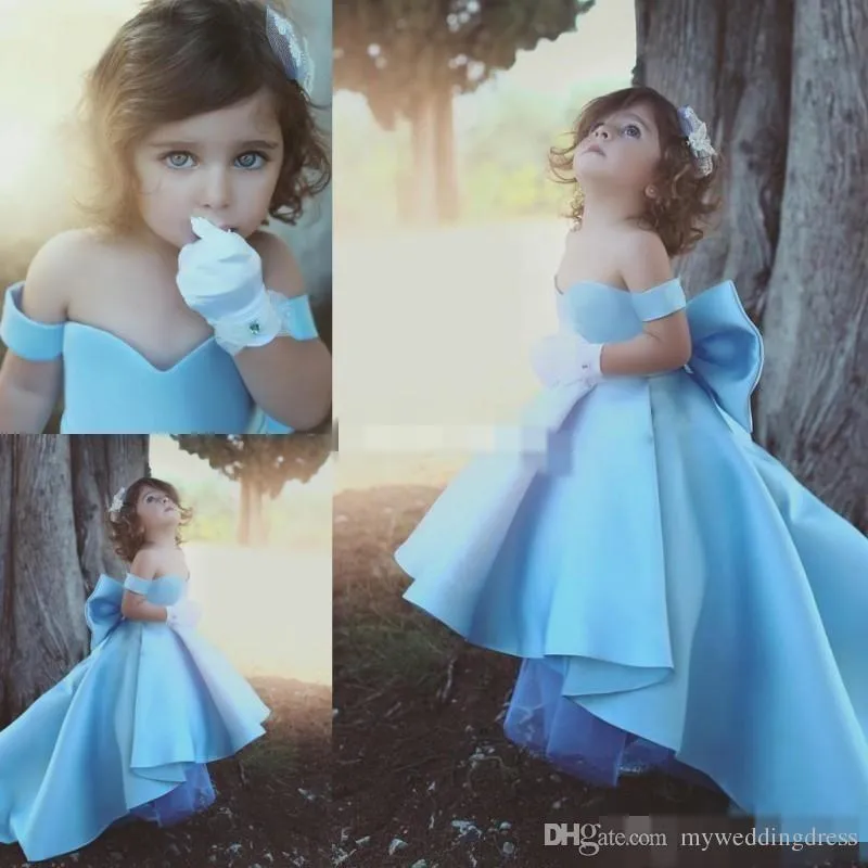 Baby Blue High Low Flower Girls Dress Off-Shoulder Sweetheart sleeveless Zipper with Big bow Children Girls Pageant Party Gown