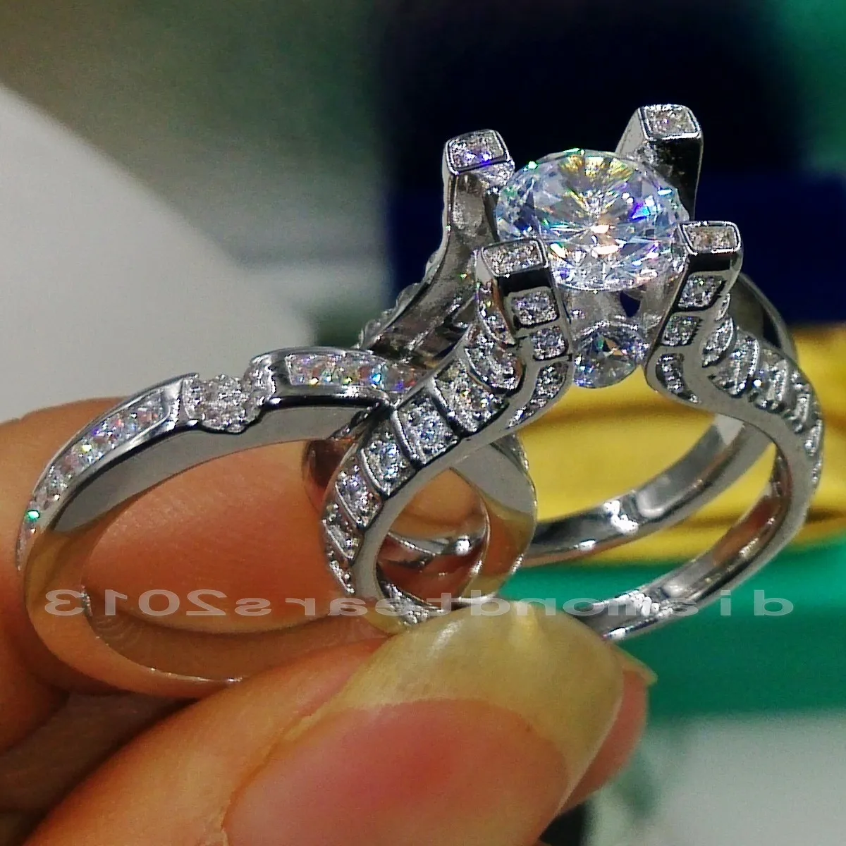 Sz 5 6 7 8 9 10 Anillo de bodas de compromiso de diamante simulado con gema de topacio blanco GF lleno de oro blanco de 10 quilates retro completo 285F