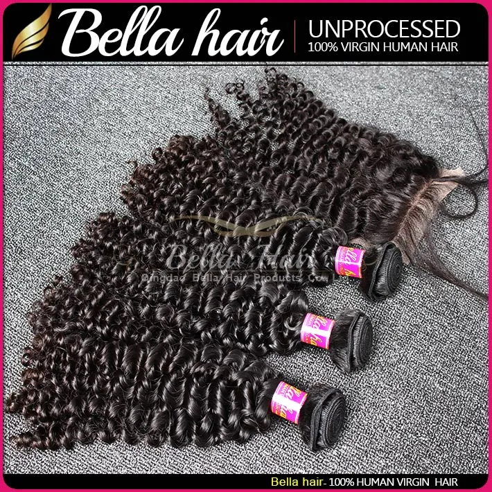Bella Hair® Hair Bundles with Closure Brazilian Virgin Curly Weaves Natural Color Extensions julienchina