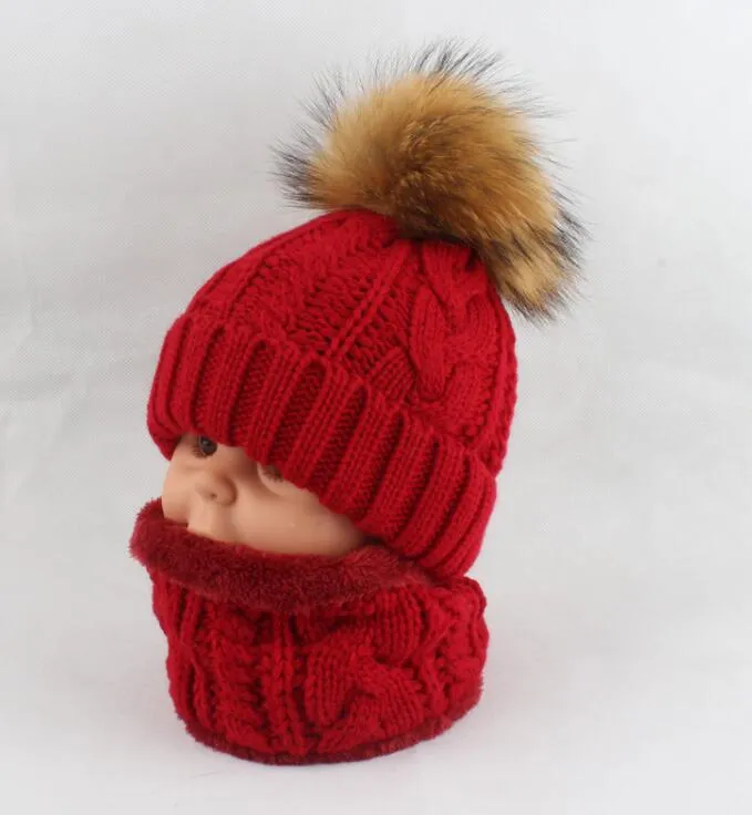 Children kids Winter Hat Scarf set Raccoon Fur Ball Hat Pom pom Beanies Baby Girls Warm Fleece Cap Scarf Set294h