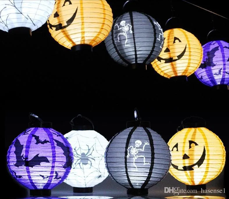 LED Halloween Citrouille Lumières Lampe Papier Lanterne Araignées Chauves-Souris Crâne Motif Décoration LED Batterie Ampoules Ballons Lampes pour Enfants