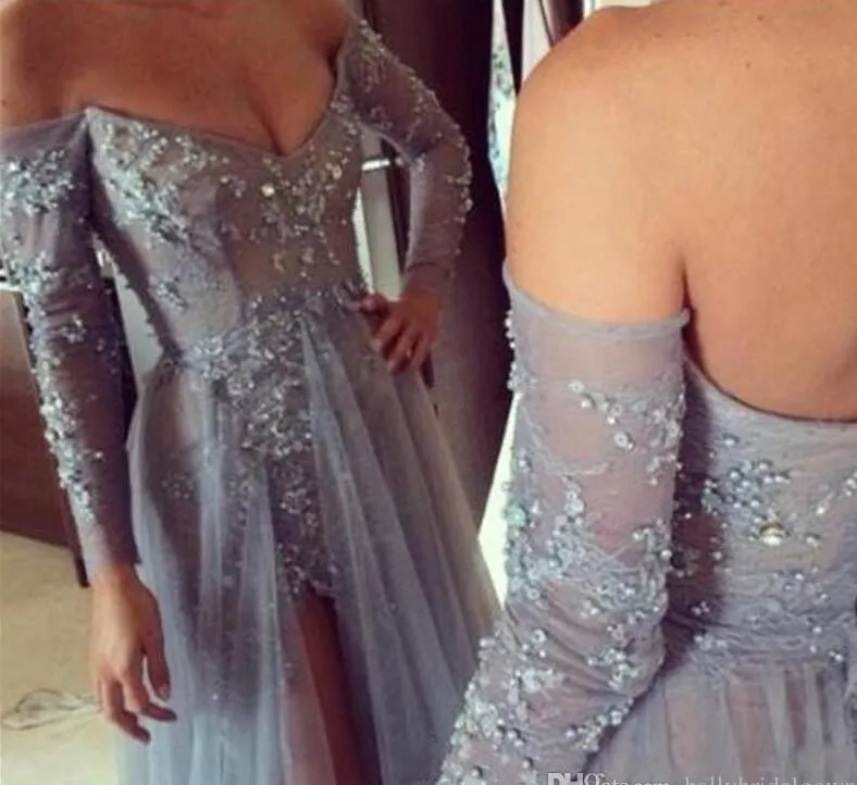 Evening Gowns Long Sleeves Dresses Party Prom A Line Off Shoulder High Slit Vintage Lace Grey Prom Dresses Long Chiffon Formal Gown