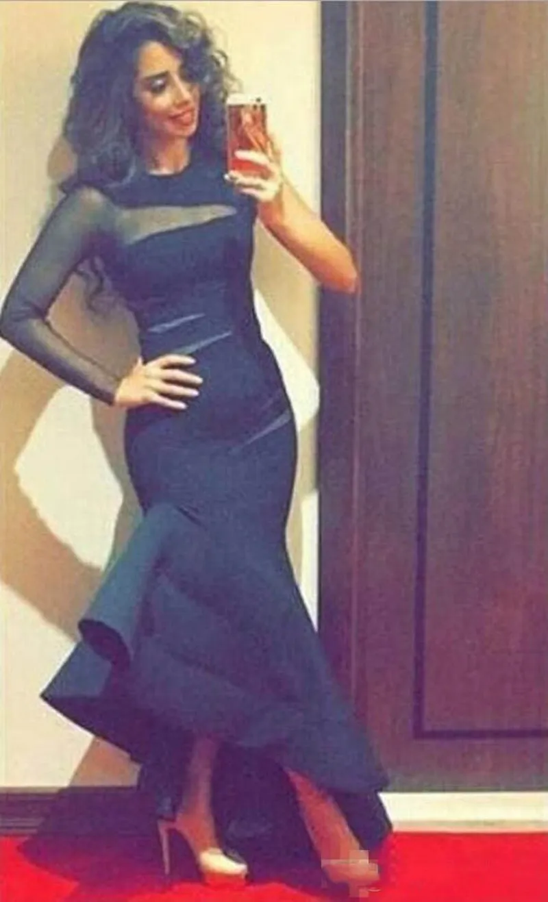 Black Mermaid Prom Dresses 2018 Sheer One Long Sleeves Evening Gowns High Low Ruched Satin Formal Party Dress South African Cocktail Dress