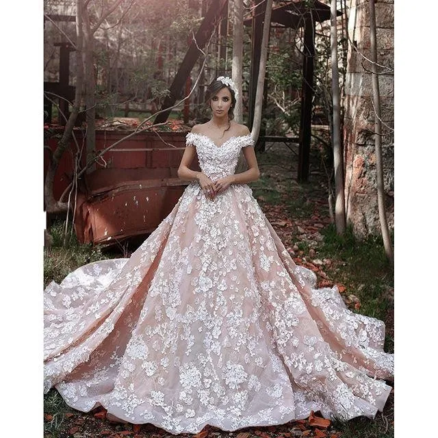 2020 Blush Pink Off Shoulder Ball Gown Wedding Dresses Lace Appliques Beads 3D Flowers Long Cathedral Train Princess Formal Bridal Gowns