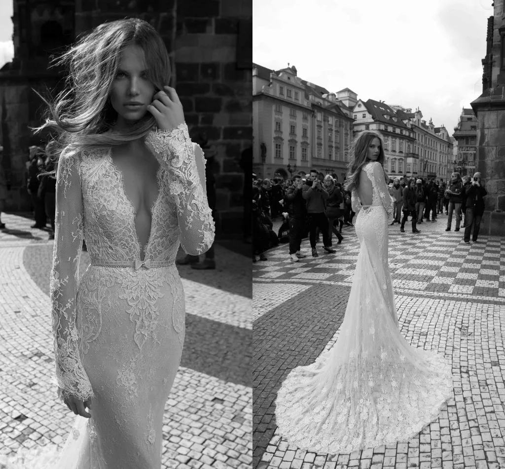  2016 Gorgeous Berta Illusion Long Sleeves Lace Mermaid Wedding Dresses Spring Plunging V Neck Open Back Sweep Train Bridal Gowns With Sash