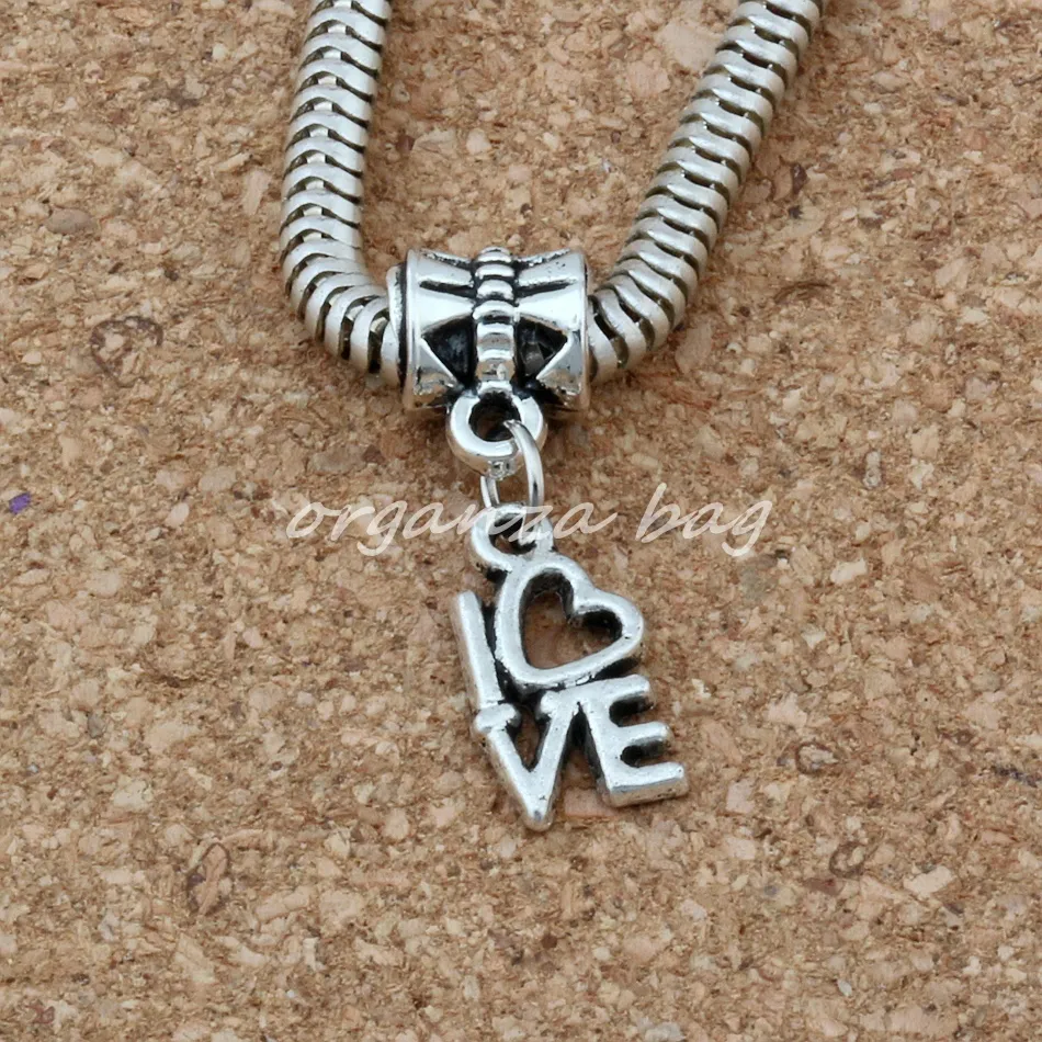 50st Dangle Ancient Silver Love Charms Big Hole Pärlor Passar europeiska charmarmband smycken 8 x26mm181n