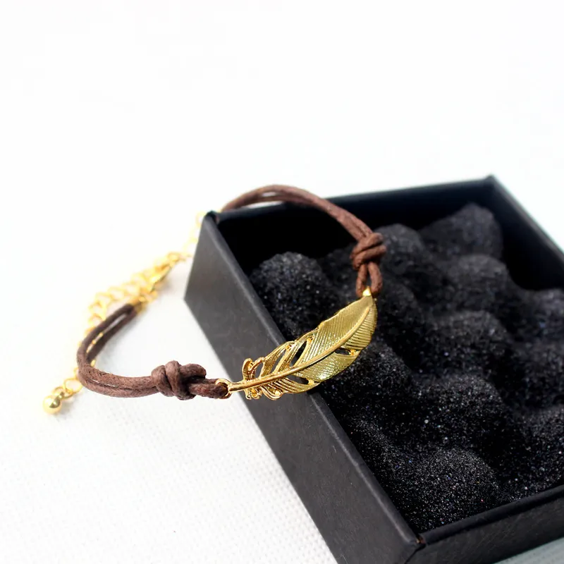2016 new handmade knitted Leather Chain bracelet female fashion vintage accessories leaves feather bracelet for women