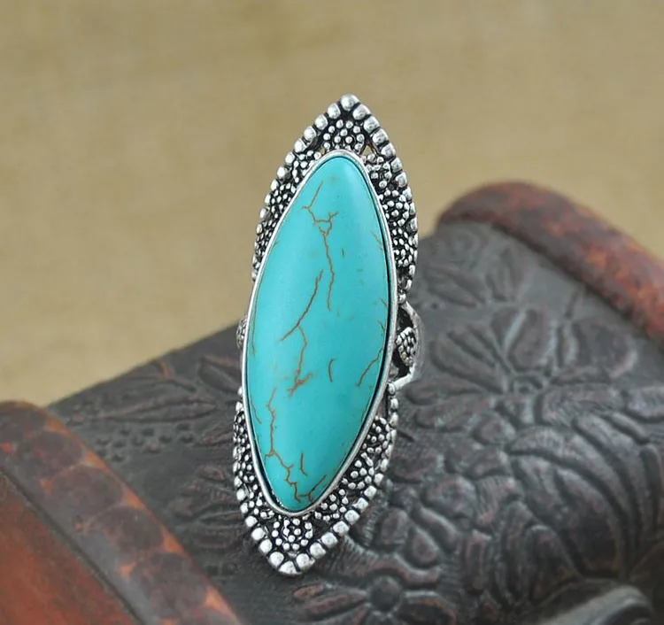Mode vintage bohemiska turkosa ringar för kvinnor antik silverlegering snidande ring zigenare bobo strandsmycken hela 237k