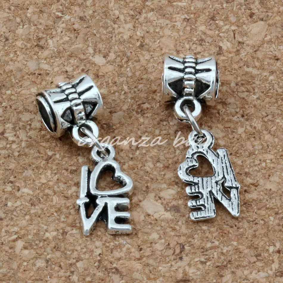 50st Dangle Ancient Silver Love Charms Big Hole Pärlor Passar europeiska charmarmband smycken 8 x26mm181n