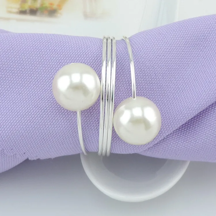  Elegant White Pearl Silver Napkin Rings For Wedding Party Reception Table Decorations Supplies 