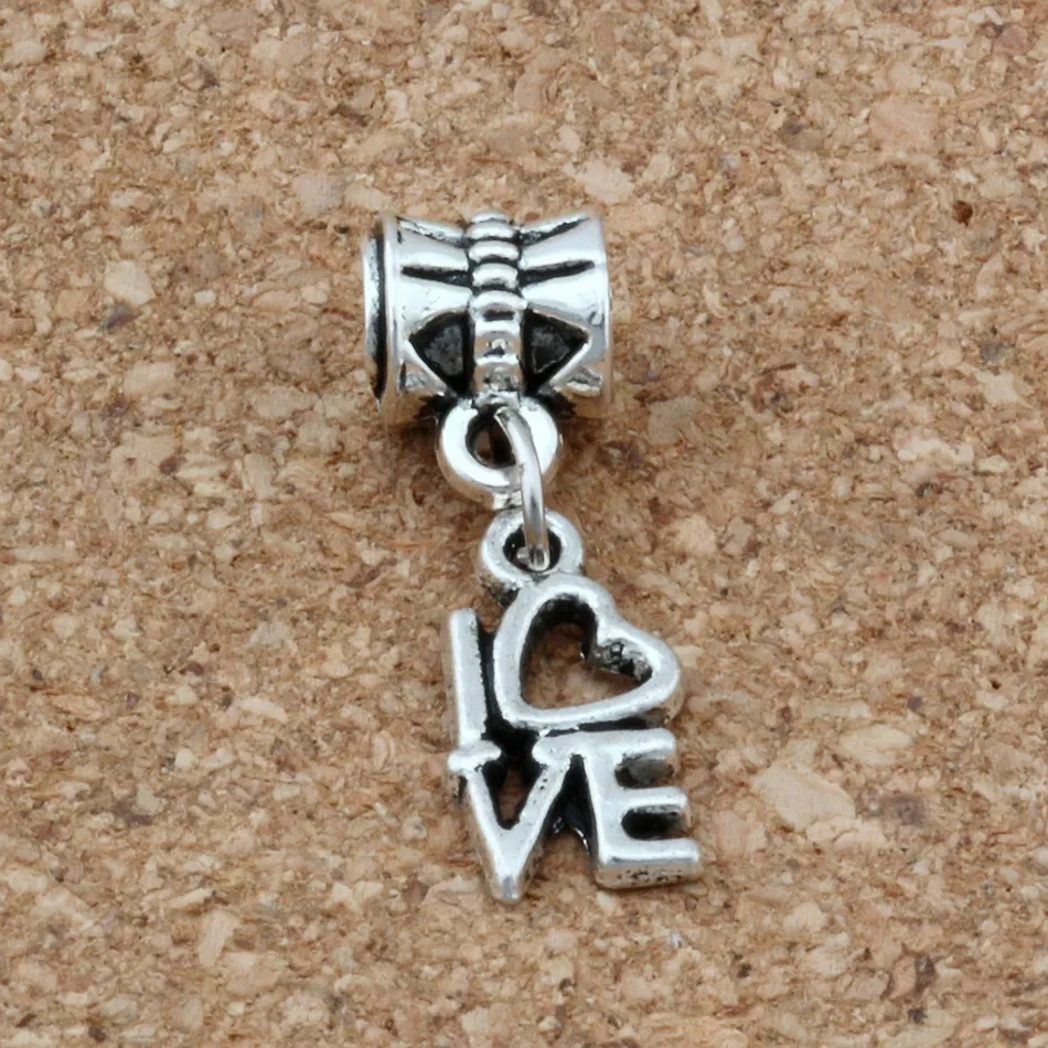 Dangle Ancient silver Love Charms Big Hole Beads Fit European Charm Bracelet Jewelry 8 X26MM310j