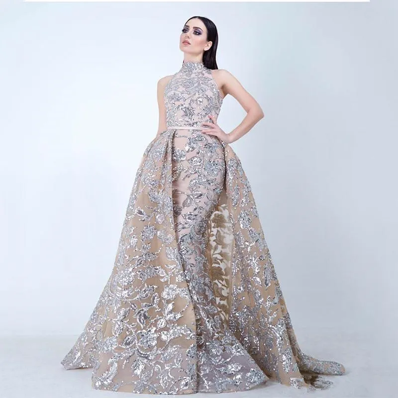 Yousef Aljasmi 2018 High Neck Prom Kleider mit abnehmbarem Zug bescheidene Luxus glänzend Spitze Applique Plus Size Abends Pageant Kleidergüter