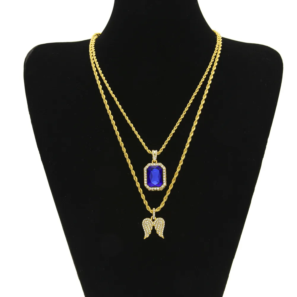 Mens Hip Hop -smycken sätter mini Square Ruby Sapphire Full Crystal Diamond Angel Wings Pendant Gold Chain Halsband för manlig hiphop 2629