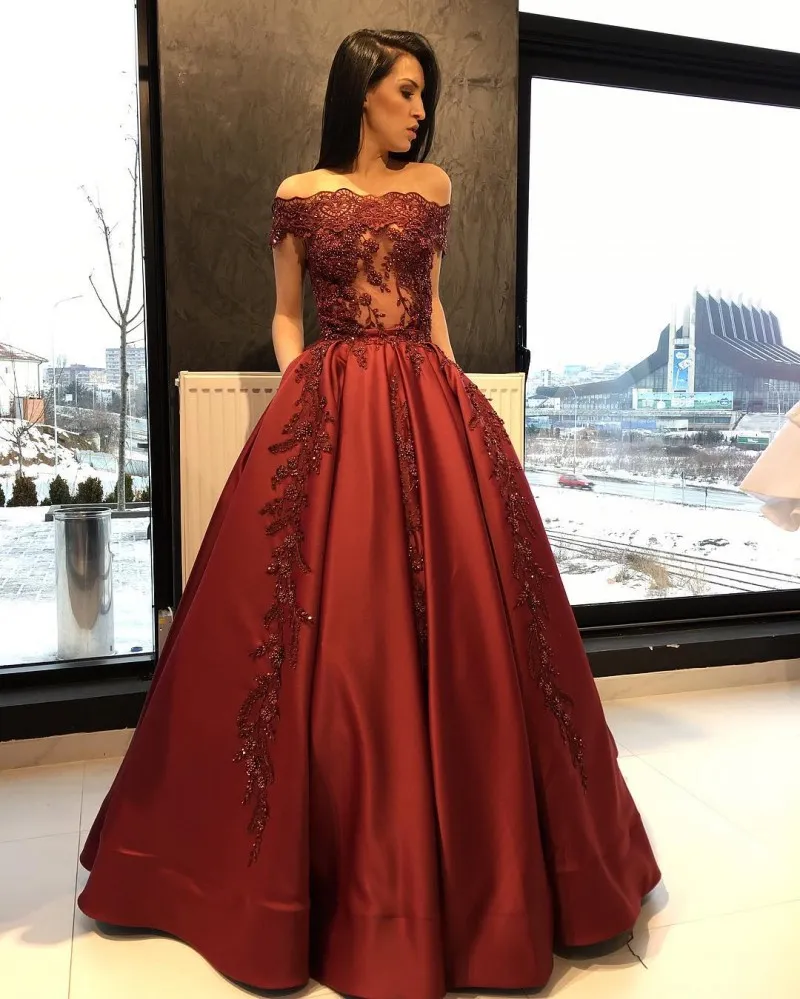 Junoesque Dark Red Evening Gown Off The Shoulder Lace Party Dresses Illusion Appliqued Plus Size Prom Dress Long