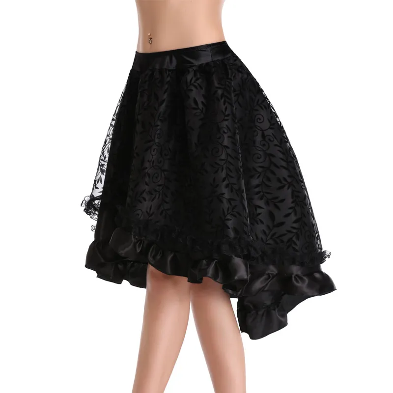 Steampunk Gothic Black Floral Flocking Tulle and Ruffled Victorian Skirt Women Front Short Back Long Asymmetrical Skirts 8537