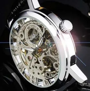 Originele Merk Winnaar Goud Mode Casual Roestvrij Heren Mechanisch Horloge Skeleton Hand Wind Horloges Voor Mannen Lederen Horloge Tr173q