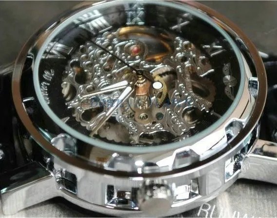 WINNAAR Horloge Vintage Skeleton Transparant Wiel Gear Totem Sport Militaire Horloges Lederen Band Mechanisch Automatisch Horloge251w
