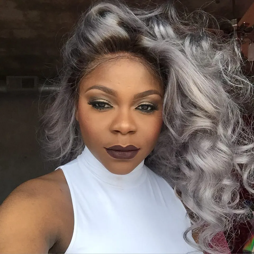 Brazilian ombre grey glueless human hair wigs wavy with bleached knots