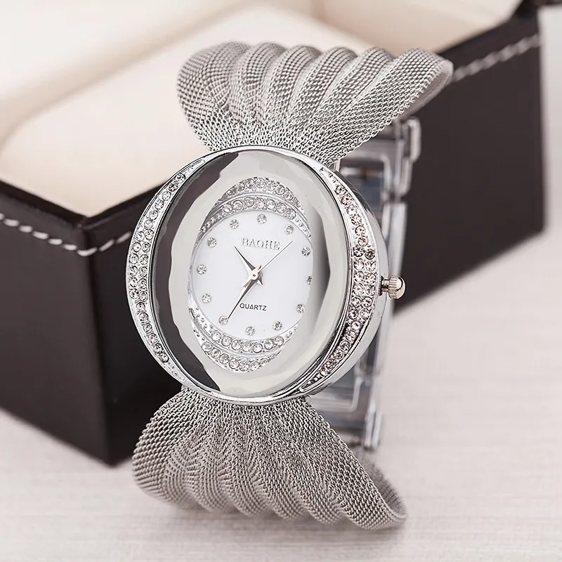 Femmes robe montres montre à quartz luxe maille montre-bracelet ovale bracelet en or alliage strass femmes montres toute dame c231O