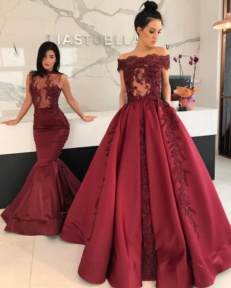 Junoesque Dark Red Evening Gown Off The Shoulder Lace Party Dresses Illusion Appliqued Plus Size Prom Dress Long