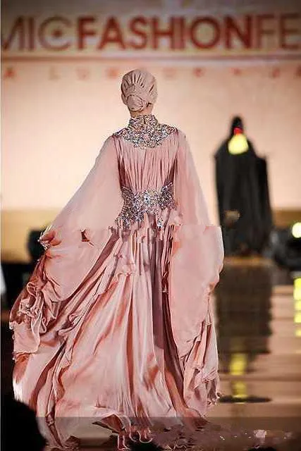 2015 New Hot Sale Sexy Elegant Muslim Evening Dresses High Neck Long Sleeves Chiffon Party Dresses With Crystal Fashion Formal Dress