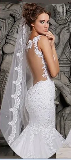 Designers White Lace And Court Train Illusion Transparent Back Mermaid Wedding Dresses With Removable Train Bridal Dresses Tulle