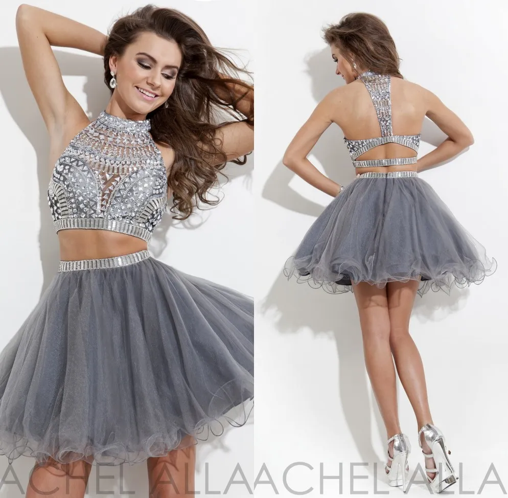  Gray Pink Black Two Pieces Crystal A Line Homecoming dresses 2015 Hot Selling High Neck Short Prom Dresses Cocktail Gowns Party Dresses 2016