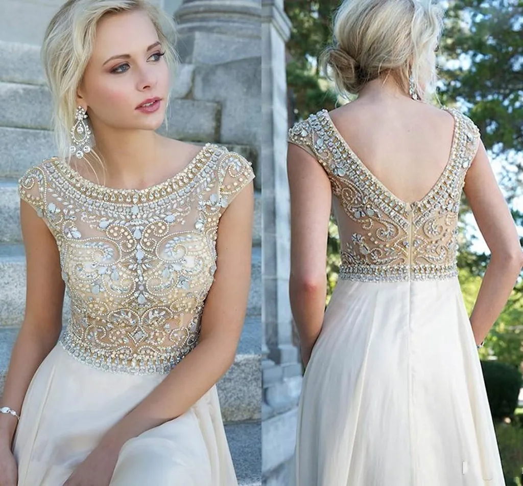  2015 Crystal Prom Dresses With Sheer Cap Sleeves See Through Crystal Beaded Bodice Chiffon A Line Evening Dresses 2014 Formal Evening Gowns
