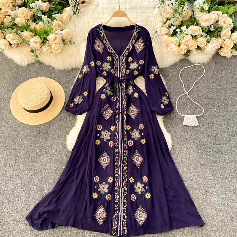 Singreiny Women Bohemian Embroidery Jurk Retro Puff Sleeve V-hals Riem A-lijn Jurken Spring Chic Koreaanse vakantie Lange jurk 210419