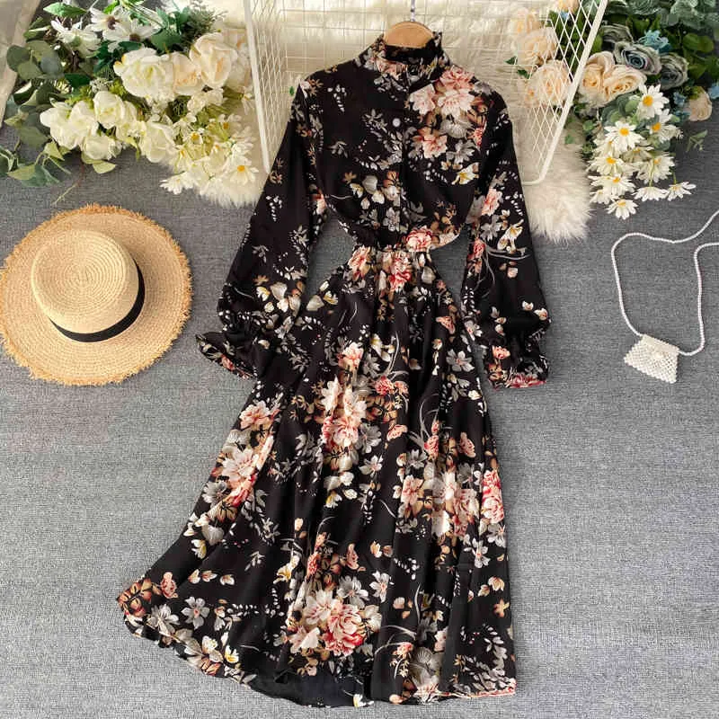 Elegant koreansk kläder svart blommig vintage klänning kvinnor femme robe vår och sommar båge midja slank chiffong kvinna 210514