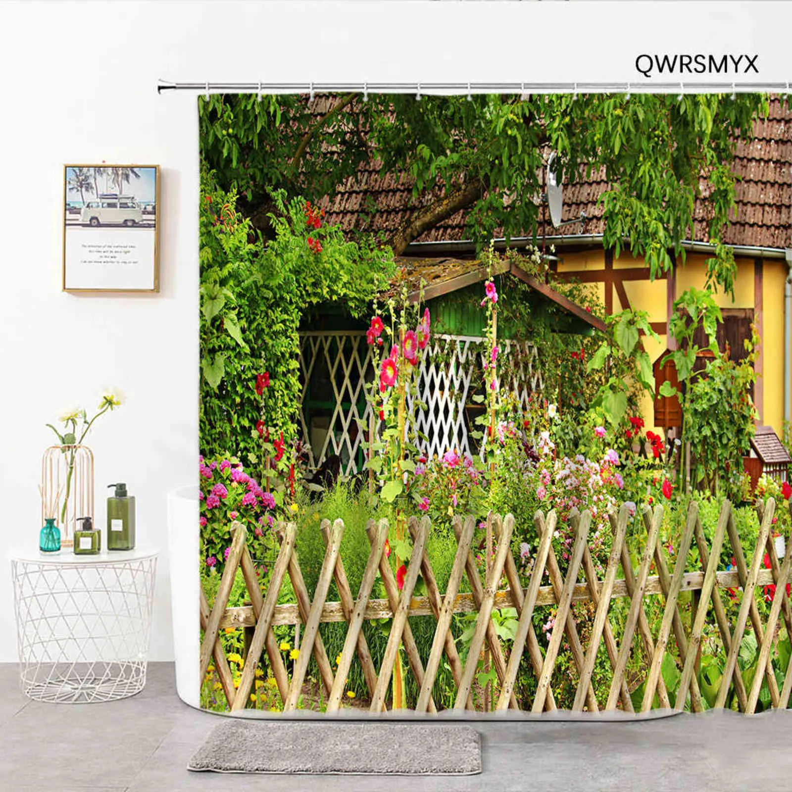Drewniane ogrodzenie z zielonymi gałęziami i liśćmi Curtain Tkaniny European Retro Gate Decor Zasłony 3D Łazienki Dostawy 211116