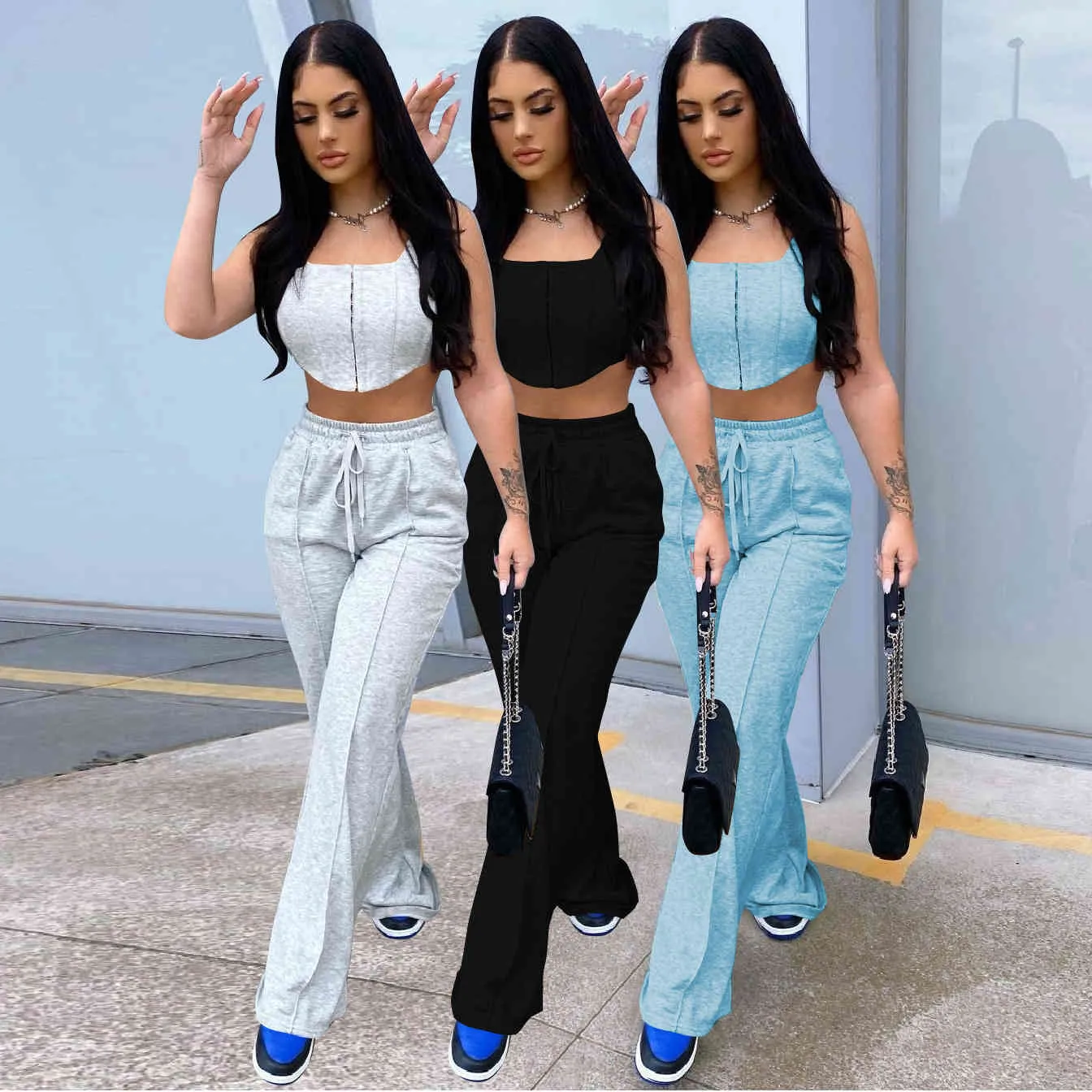 Women Two Piece Set Outfits Solid Sexy Sleeveless Corset Top Loose Casual Sweatpants Jogging Drawstring Sporty Pants Summer 210517