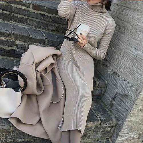 New Autumn Winter Women Knitted Dress Turtleneck Sweater Dresses Lady Slim Bodycon Long Sleeve Bottoming Dress Vestidos F113 G1214