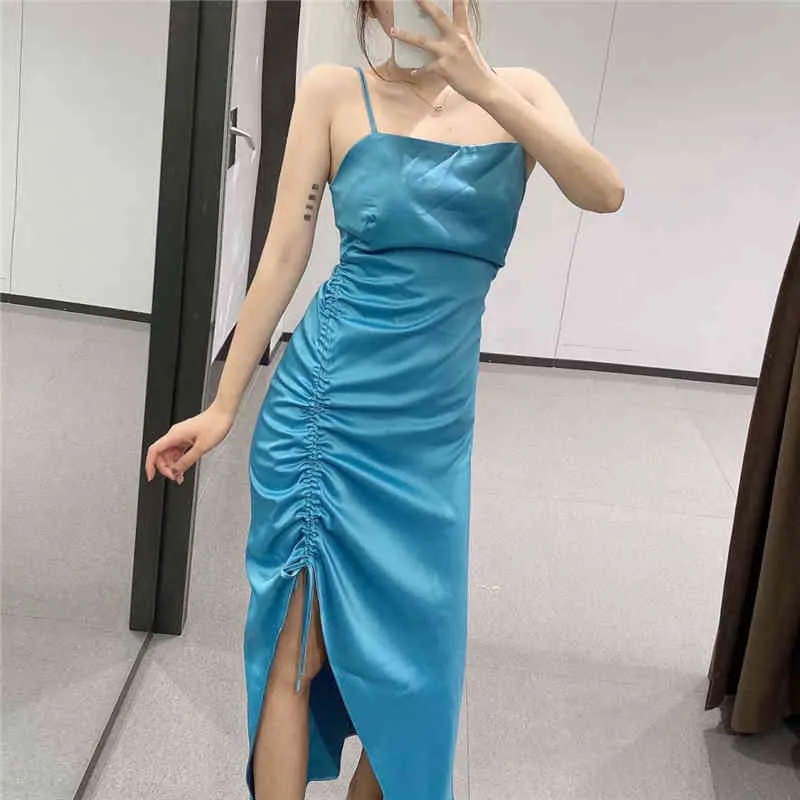 Seksowne Kobiety Pasek Długa Sukienka Moda Damska Side Slit ES Elegancka Kobieta Sweet Satin Slim Girl Chic Vestidos 210427