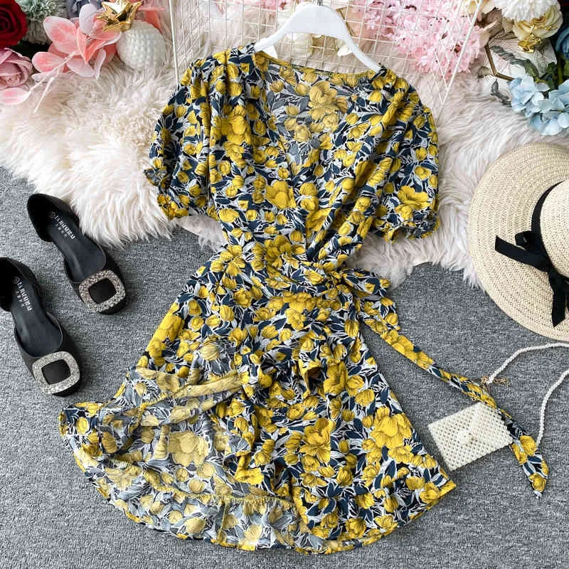 Abito estivo da donna con lacci floreali a pois Vestito da avvolgere con scollo a V sexy Vita sottile Elegante abito corto da spiaggia con volant Boho Vestido X0521