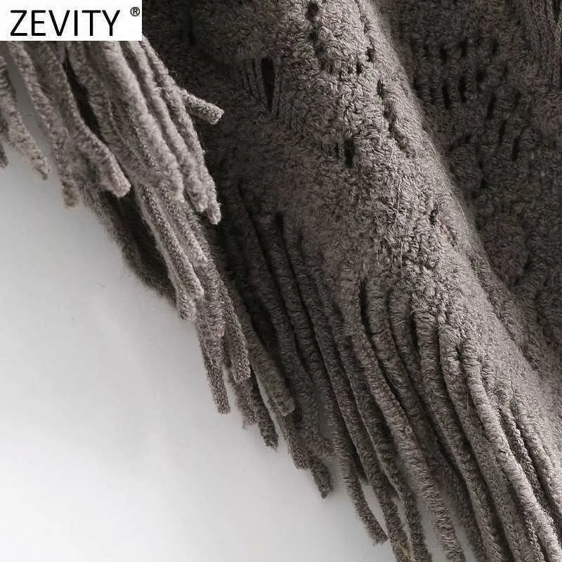 Zevidade Mulheres Moda Crocheted Malha Jacquard Shawl Sweater Feminino Bem Tassel Decoração Pullovers Chic Hollow Cloak Tops S530 210603