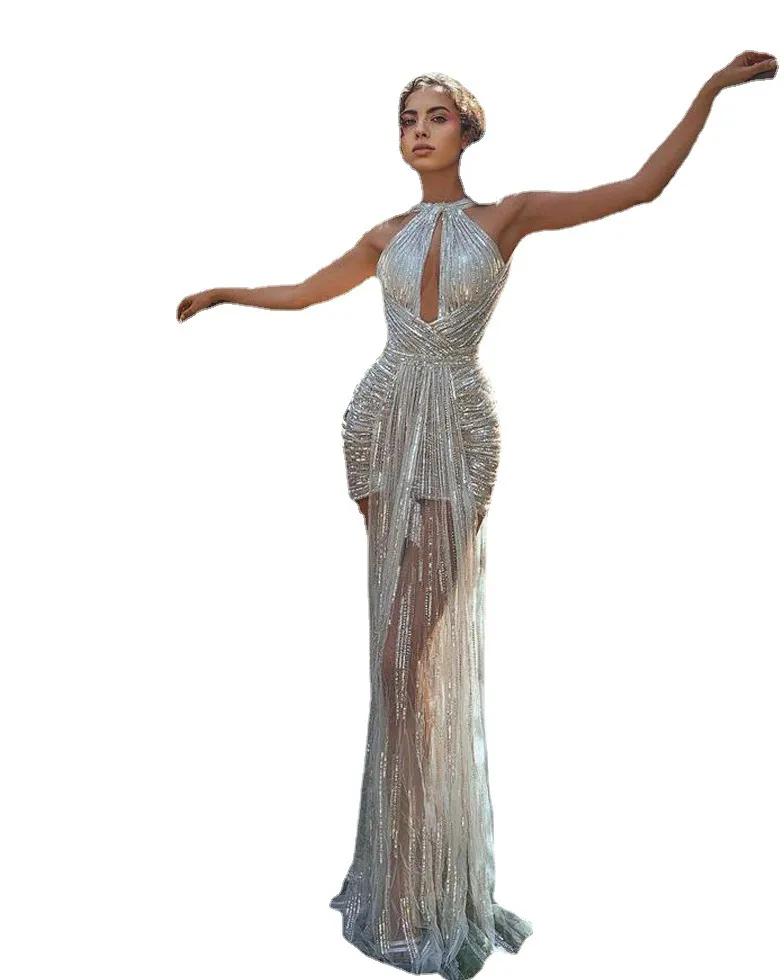 2021 Gold Abendkleider Jewel Neck Perlen Pailletten Spitze Langarm Meerjungfrau Abendkleid Sweep Zug Custom Illusion Robes De Soir292S