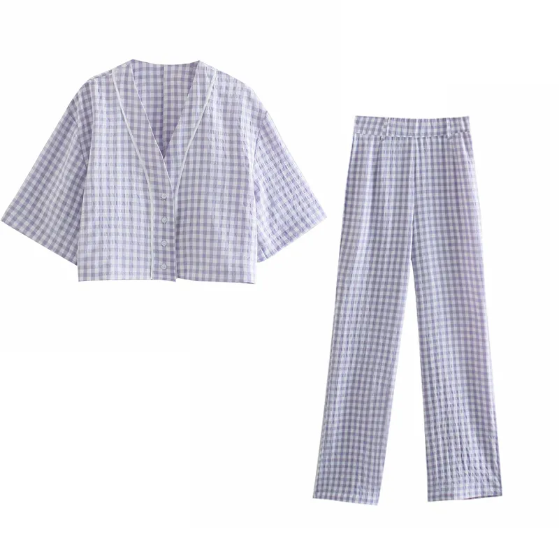 Women Summer Plaid 2-piece sets Suits ZA Short Shirts Tops and Trousers Female Fashion Sweet Street Two-pieces Set Clothing 210513