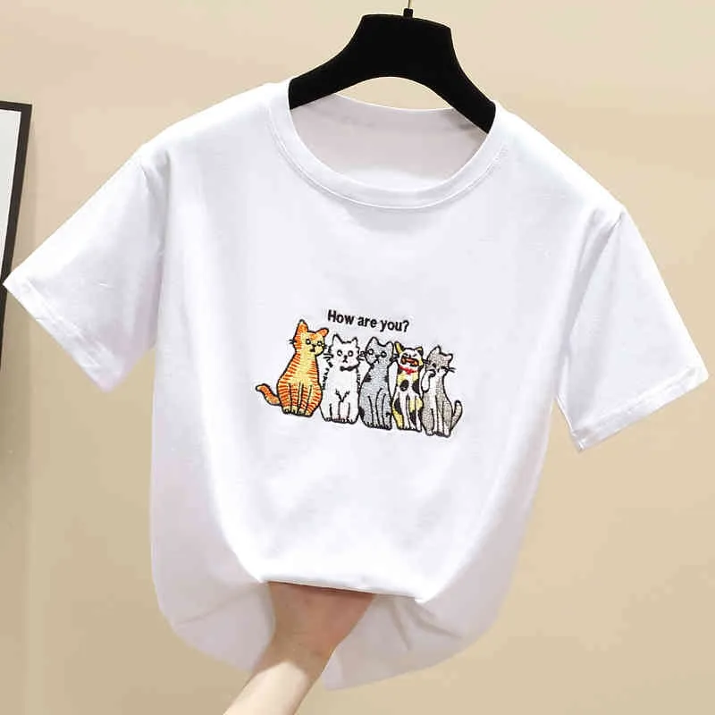 韓国の夏のTシャツの女性トップスホワイトT衣類半袖コットンガール刺繍動物ティーフェムメ210507