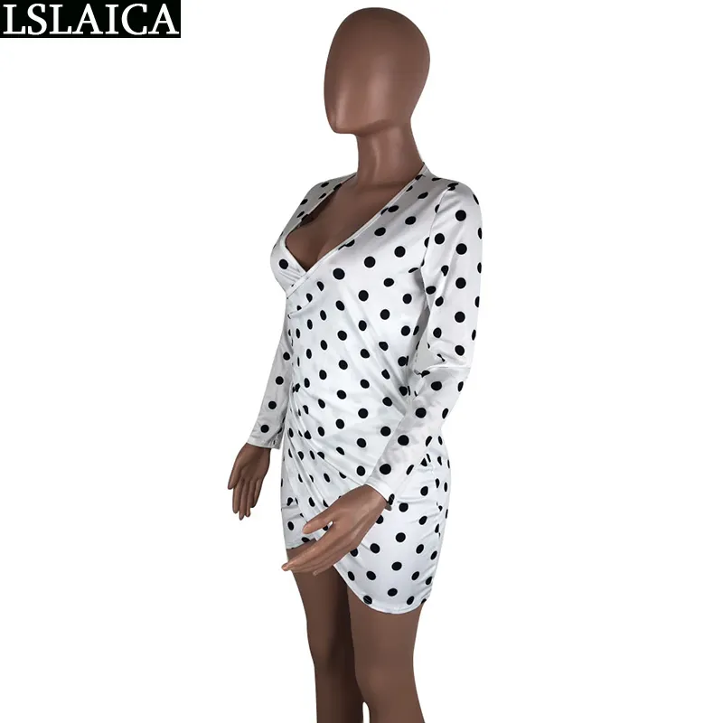 Fashion Sexy Dress Dot Printed Long Sleeve Sale Dresses Women Skinny Evening Night Club Party V Neck Mini Vestidos Cortos 210515