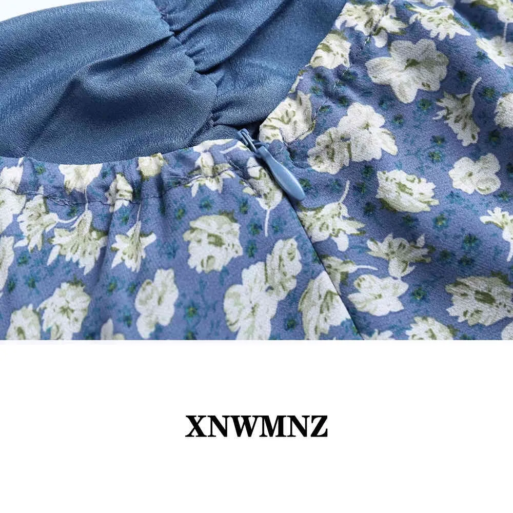 Robe pour femmes en mousseline de soie volants femmes robe vêtements esthétiques vintage doux bleu imprimé floral mode froncé robes 210520